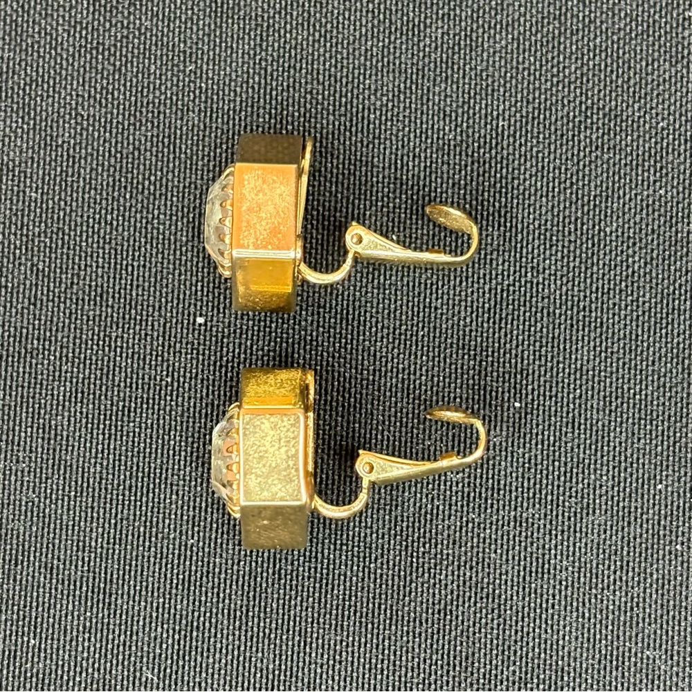 Antique Clip-On Earrings, Costume Gold, Rhinestone - Picture 2 of 2